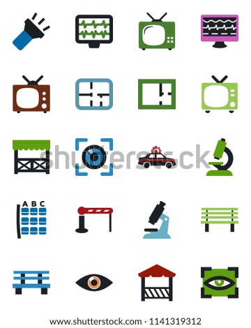 Color and black flat icon set - barrier vector, tv, alarm car, seat map, bench, monitor pulse, microscope, eye, torch, plan, alcove, scan