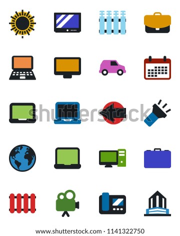Color and black flat icon set - left arrow vector, sun, case, notebook pc, earth, tv, video camera, monitor, laptop, torch, intercome, radiator, calendar, car, office building