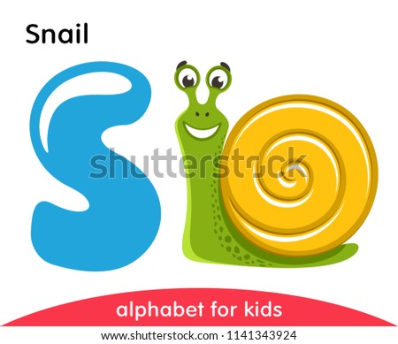 Blue letter S and cheerful Snail. English alphabet with animals. Cartoon characters isolated on white background. Flat design. Zoo theme. Colorful vector illustration for kids.