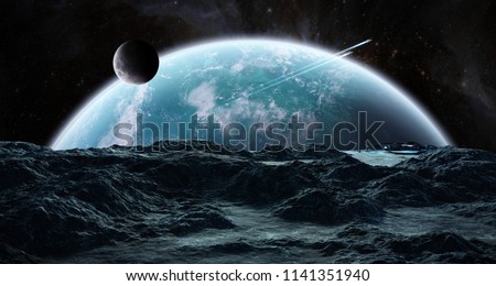 Astronauts with spaceship exploring an asteroid in space 3D rendering elements of this image furnished by NASA Royalty-Free Stock Photo #1141351940