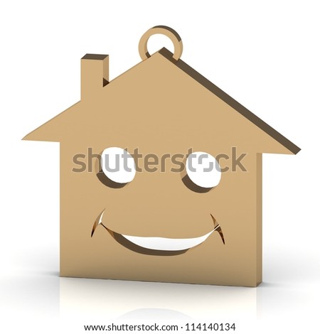 3D abstraction keychain gold house with a beautiful smile on white background