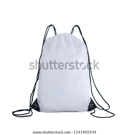 White drawstring pack template, bag for sport shoes isolated on white Royalty-Free Stock Photo #1141405934