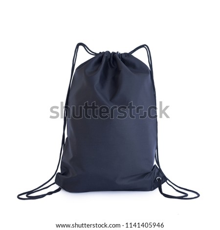 Black drawstring pack template, bag for sport shoes isolated on white Royalty-Free Stock Photo #1141405946