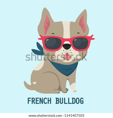 Vector icon dog breed French Bulldog. Puppy Bulldog in pink glasses. French Bulldog beige color