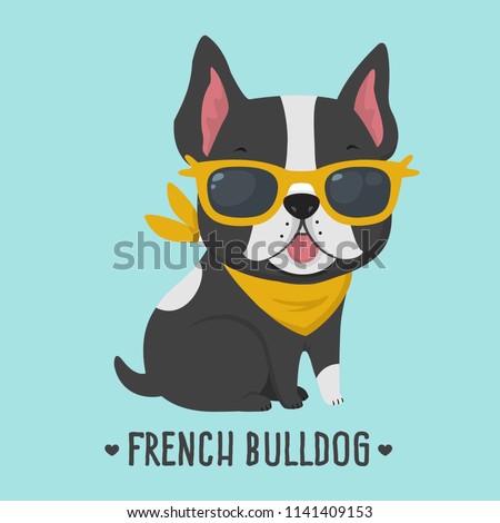 Vector icon dog breed French Bulldog. Puppy Bulldog in yellow glasses. French bulldog of black color.