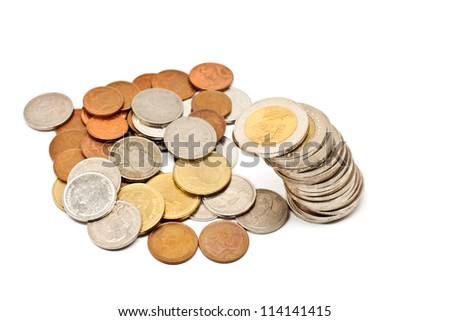 Coins from thailand.  Drop spreading on a white background.