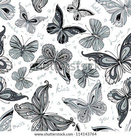 Seamless vintage black and white patterned butterfly background, vector illustration