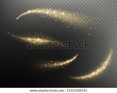 Glittering shimmer particles light trace for Christmas or New Year holiday. Golden glitter confetti wave overlay effect. EPS 10 Royalty-Free Stock Photo #1141458545
