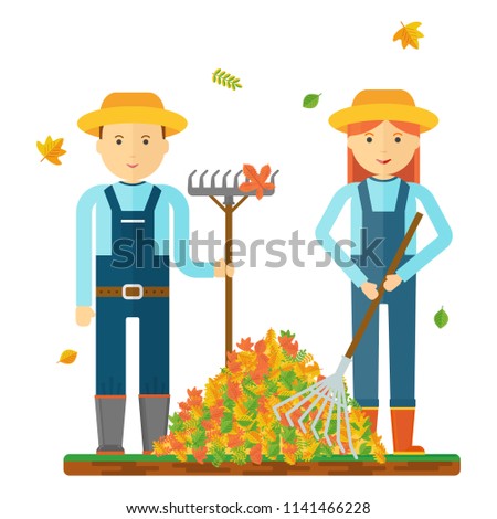 Farmers rake autumn leaves. Farmers characters. Flat vector cartoon illustration. Objects isolated ongreen background.