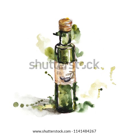 Illustration of bottle with oil and bunch of olives. Hand drawn image of organic healthy food. Isolated sketchy objects on white background. Black outlines and bright watercolor stains and drip