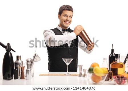 Barman with a shaker isolated on white background Royalty-Free Stock Photo #1141484876