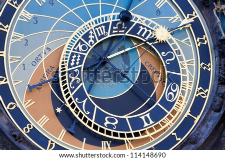 The Prague Astronomical Clock (Prague Orloj), medieval astronomical clock, the third-oldest in the world, on the southern wall of Old Town City Hall in the Old Town Square, Prague, Czech Republic. Royalty-Free Stock Photo #114148690