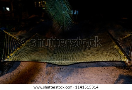 An empty old hammock hangs warm at night under a palm tree. Zanzibar Island, Tanzania