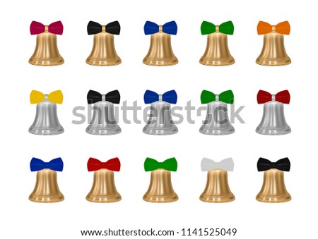 Gold bells with colored bows in the vector.Metal bells on white background.New Year's bell vector illustration.
