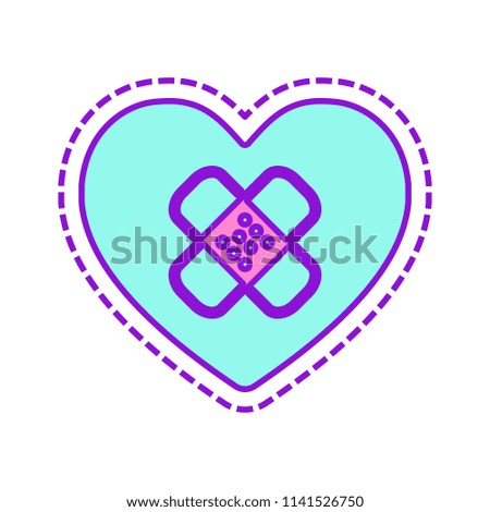 broken heart with patch. simple single icon. Colored sketch with dotted border on white background