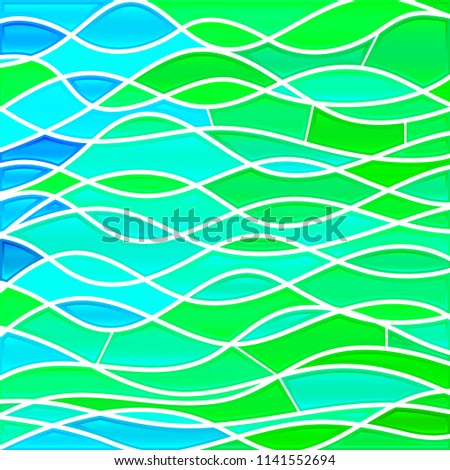 abstract vector stained-glass mosaic background - green and blue waves