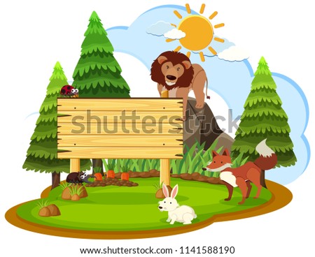 Wooden sign with wild animals illustration