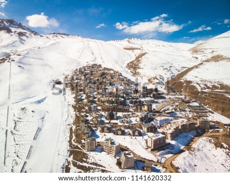Beautiful snowy town at Andes Mountains where people go to do snow sports 
