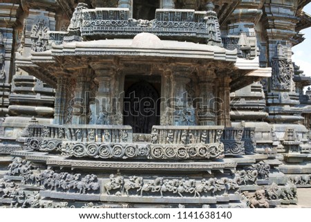 Facade and decorative friezes with animal figures, Chennakeshava temple. Belur, Karnataka, India
