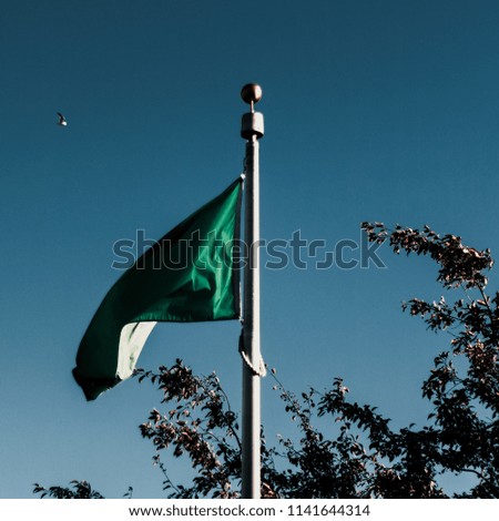 Green flag on a flag post outside 