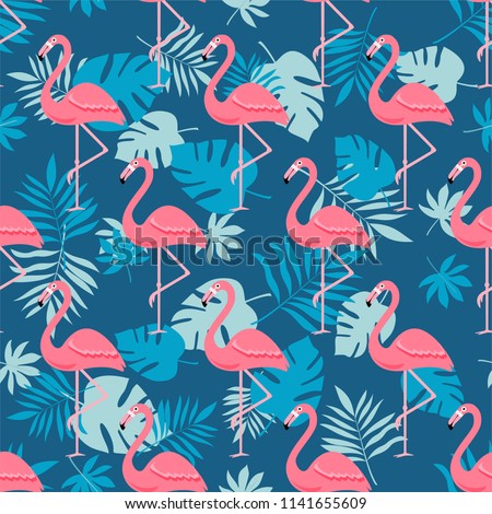 Flamingo Bird and Tropical Flowers Background - Retro seamless pattern