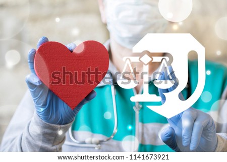 Compliance Pharmacy Medicine concept. Doctor or pharmacist offers red heart and clicks a shield with scales button. Healthcare Rule Law. Insurance. Health care and Pharmaceutical.
