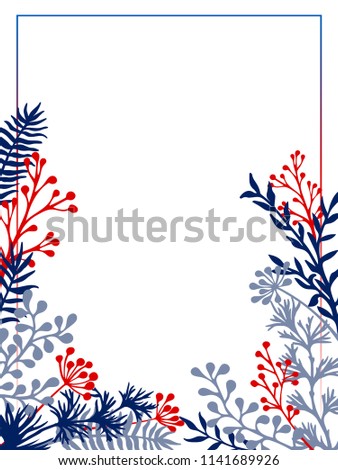 Herbal twigs and branches border frame vector invitation card. Rustic vintage bouquets with fern fronds, savory, mistletoe twigs, willow, palm branches in dark blue and red colors