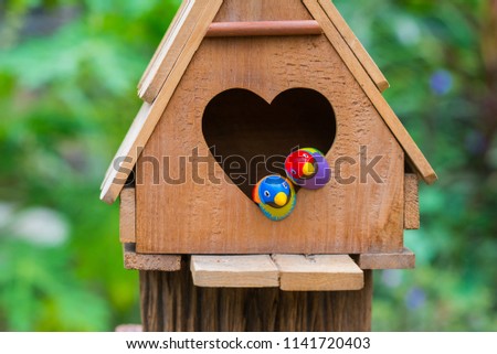 Birdhouse heart-shaped entrance and two love birds in the garden