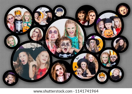 Collage of happy children. Concept of kids on  Halloween party.