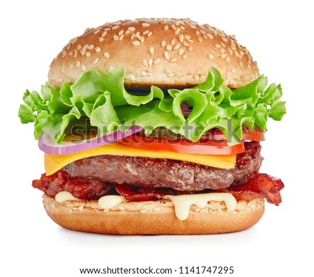 single fresh burger with beef, cheese, bacon and vegetables isolated on white background