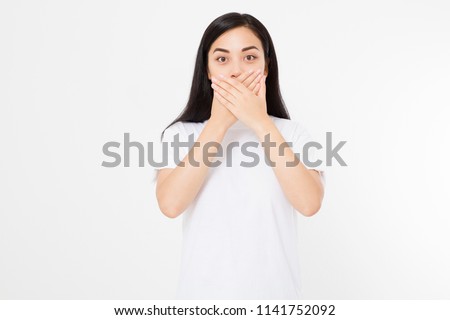 Asian girl show gesture hush shh. Japanese young beautiful woman isolated on white background. Copy space. Mock up