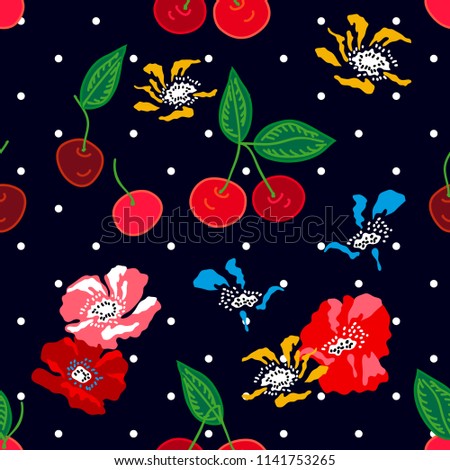 Cherries and poppies on black dotted background. Seamless floral pattern with Spanish and Russian motifs. Trendy design for textile, cards and covers.