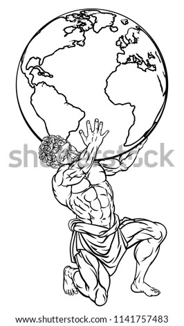 Atlas the titan from Greek mythology sentenced by the gods to hold up the sky represented by a globe Royalty-Free Stock Photo #1141757483