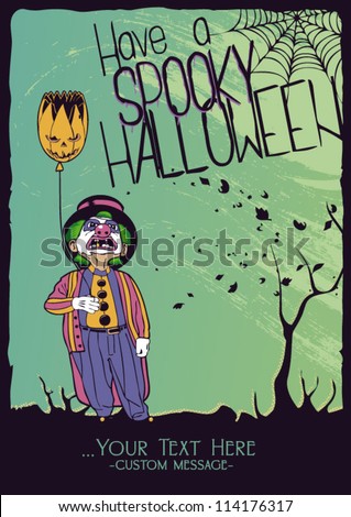 Fully editable vector illustration, clown holding pumpkin baloon