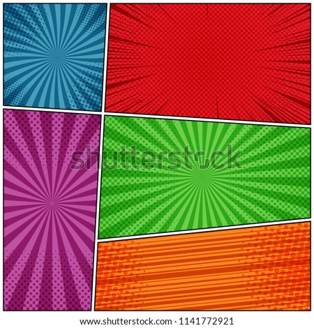 Comic book page background with rays halftone radial striped humor effects. Vector illustration