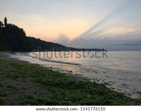 Panoramic, beautiful view of the beach and the sea at sunrise. Bulgaria, Varna.