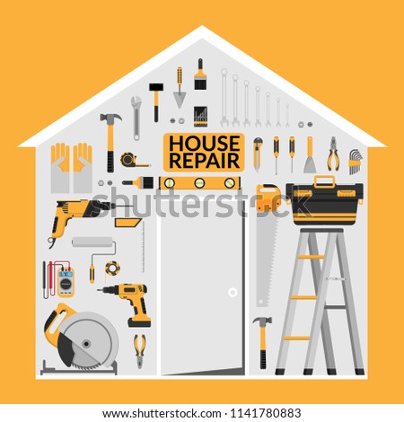 set of DIY home repair working tools vector logo design template under roof in home shape. home repair banner, construction , repair icons. hand tools for home renovation & construction. flat design