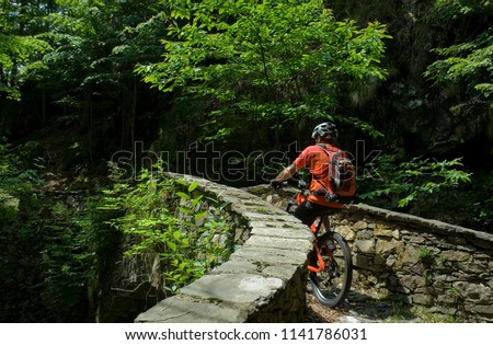 man uses an electric bicycle, e-bike, ebike, pedal on a an old stone bridge, forest, during summer, mountain, sport, adventure, freedom, Alps, Macugnaga, Piedmont, Italy