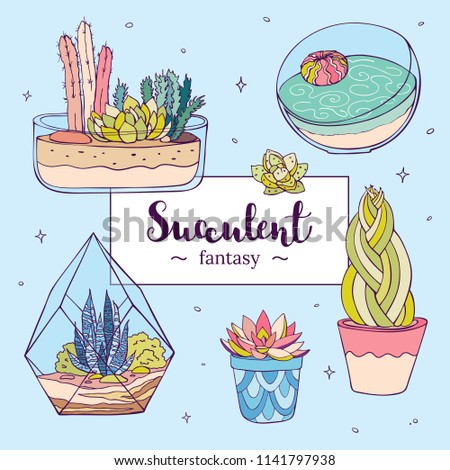 Vector hand drawn succulents. Office indoor plants set in doodle style. Succulent postcard with cute hand drawn plants.