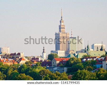 Panorama of the old city and skyscrapers in Warsaw. Poland.