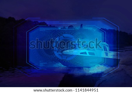 Boat border guard service, night view, holographic display, additional reality, neon light, sight