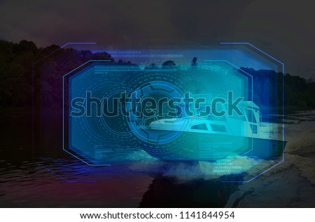 Boat border guard service, night view, holographic display, additional reality, neon light, sight. Integrating the technology