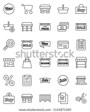 thin line vector icon set - office vector, cargo search, estate document, sale signboard, rooms, sold, low price, credit card, new, shopping bag, percent, market, store, buy, barcode, basket, cart
