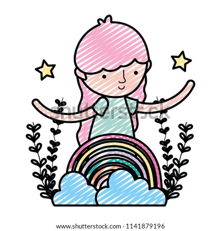 doodle happy girl with rainbow clouds and branches