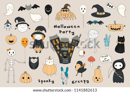 Big set of kawaii funny Halloween elements, characters, with text, haunted house, pumpkins, ghosts, cat, mummy . Isolated objects. Hand drawn vector illustration. Line drawing. Design concept print