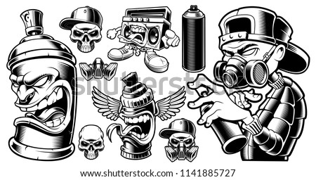 Set of black and white graffiti characters and design elements, logos, stickers on the white background.
