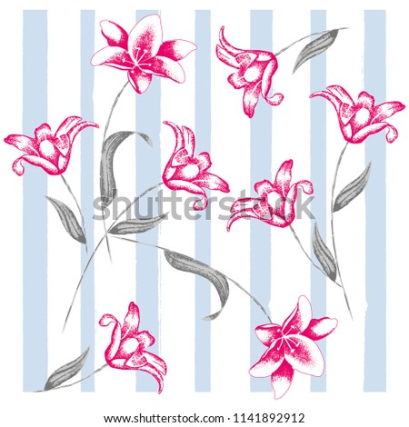 Flowers pattern with branches and leaves in striped lines for textile pattern (From my vector drawings set)