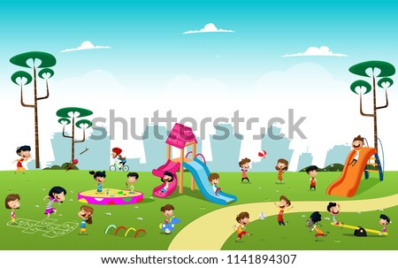 Children playing games in the park. Cartoon vector illustration