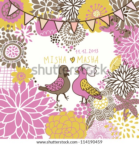 Wedding invitation in vector. Cartoon pigeons in flowers