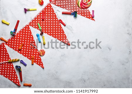 Items for birthday party on light background